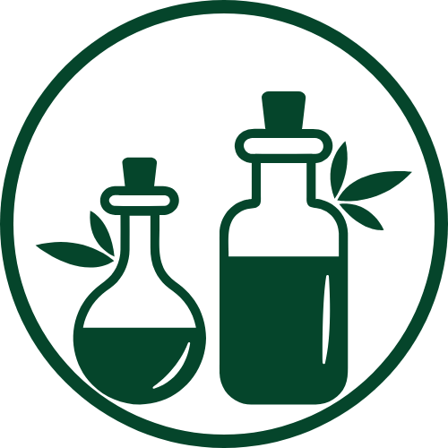 The Deep Soil brand icon featuring two dark green oil bottles of different shapes with leaves inside a circle
