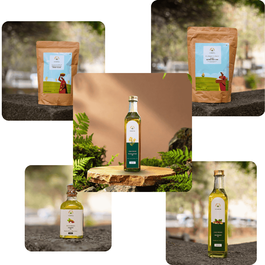 Collage featuring The Deep Soil's product range: Cold-Pressed Yellow Mustard, Coconut, and Groundnut Oils, alongside two natural ingredient pouches.