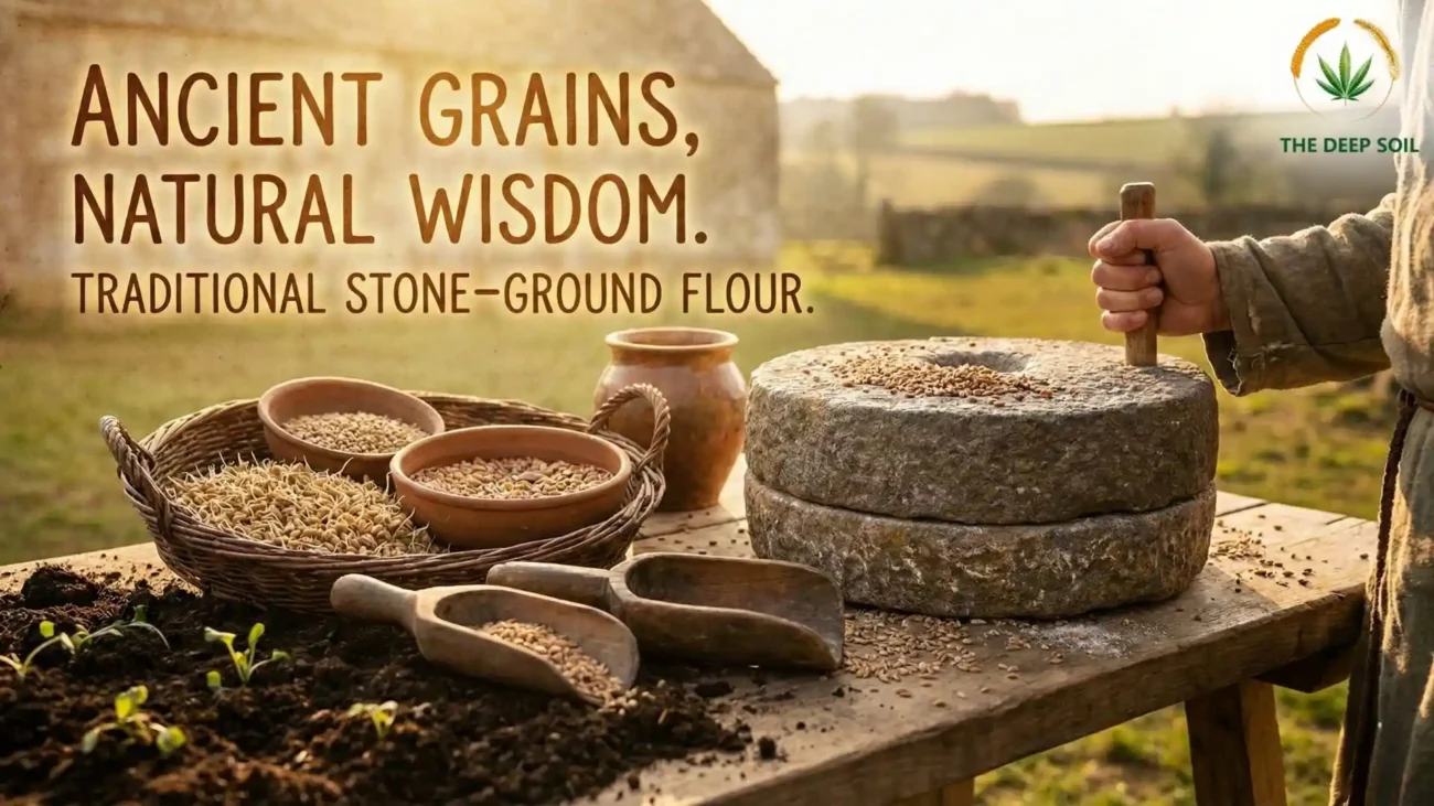 A person in rustic clothing mills grain with a traditional stone quern on a wooden table outdoors. Bowls of ancient grains, sprouted seeds, a wooden scoop, and a clay pot are arranged. In the background are a stone barn and fields at sunset. The text overlay reads "ANCIENT GRAINS, NATURAL WISDOM. TRADITIONAL STONE-GROUND FLOUR." and "THE DEEP SOIL" logo with a cannabis leaf and wheat stalk is in the top right corner.