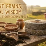 A person in rustic clothing mills grain with a traditional stone quern on a wooden table outdoors. Bowls of ancient grains, sprouted seeds, a wooden scoop, and a clay pot are arranged. In the background are a stone barn and fields at sunset. The text overlay reads "ANCIENT GRAINS, NATURAL WISDOM. TRADITIONAL STONE-GROUND FLOUR." and "THE DEEP SOIL" logo with a cannabis leaf and wheat stalk is in the top right corner.