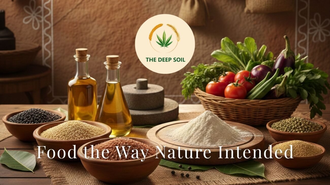 A rustic kitchen display of The Deep Soil organic products including cold-pressed almond oil, whole grains, pulses, and fresh vegetables on a wooden table.