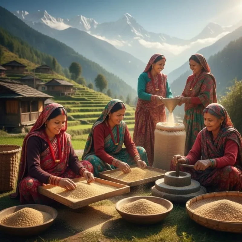 Women farmers sorting grains and milling flour traditionally in a Himalayan village for The Deep Soil.