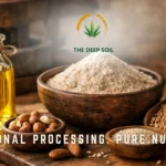 Traditional cold-pressed almond oil bottle next to a bowl of almond flour and raw almonds by The Deep Soil.