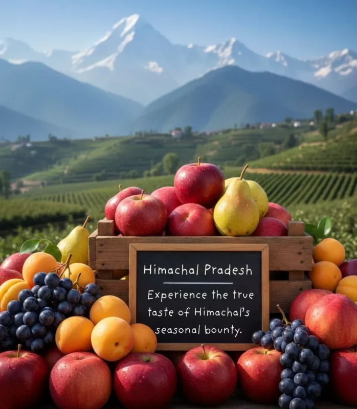 Fresh seasonal fruits from Himachal Pradesh including apples, pears, and grapes with a Himalayan mountain background.