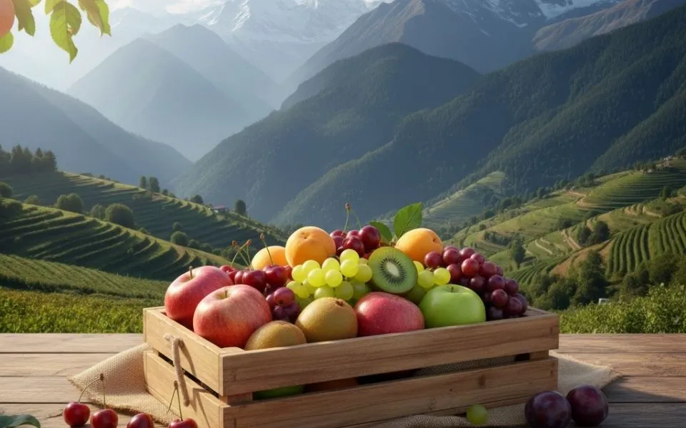 Freshly harvested organic fruit basket from The Deep Soil featuring apples, kiwi, grapes, and peaches with mountain valley view.