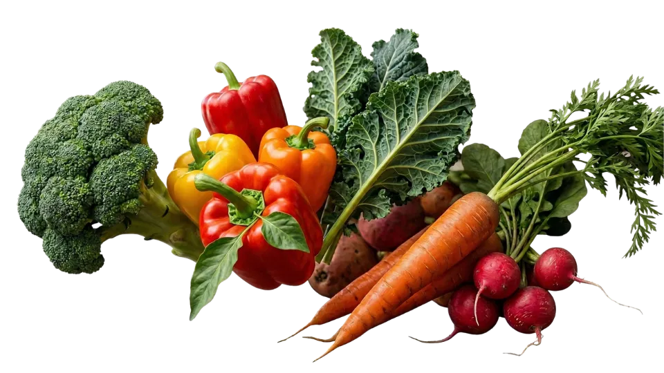 The Deep Soil, A diverse arrangement of fresh bulk vegetables including broccoli, bell peppers, carrots, and radishes for wholesale supply.