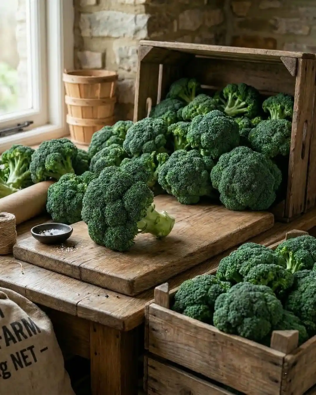 Buy Broccoli Online - The Deep Soil Fresh Bulk Produce Fresh green broccoli florets in wooden crates and on a rustic table, available to buy online in bulk from The Deep Soil.