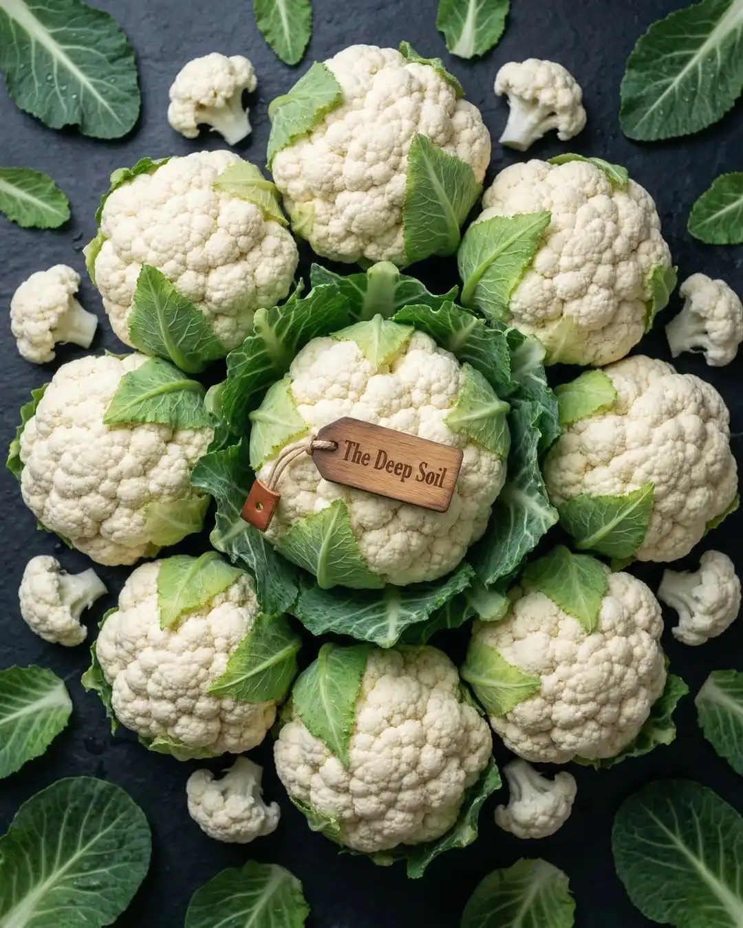 Buy Cauliflower Online - The Deep Soil Fresh Bulk Produce Fresh white cauliflower heads with green leaves and The Deep Soil branding, available to buy online in bulk.