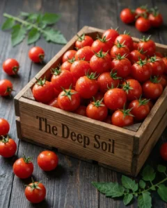 Fresh red cherry tomatoes in a wooden crate with The Deep Soil branding, available to buy online in bulk.