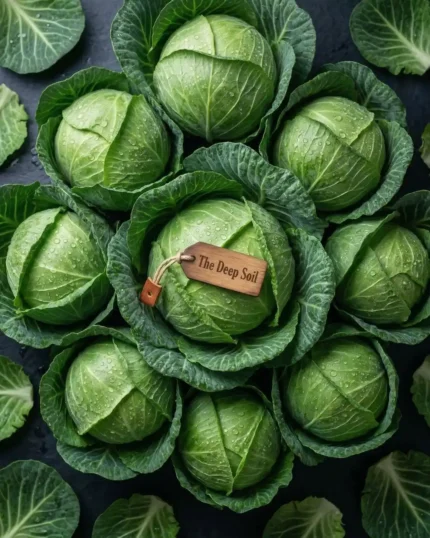 Fresh green cabbages with water droplets and The Deep Soil branding, available for bulk purchase online.