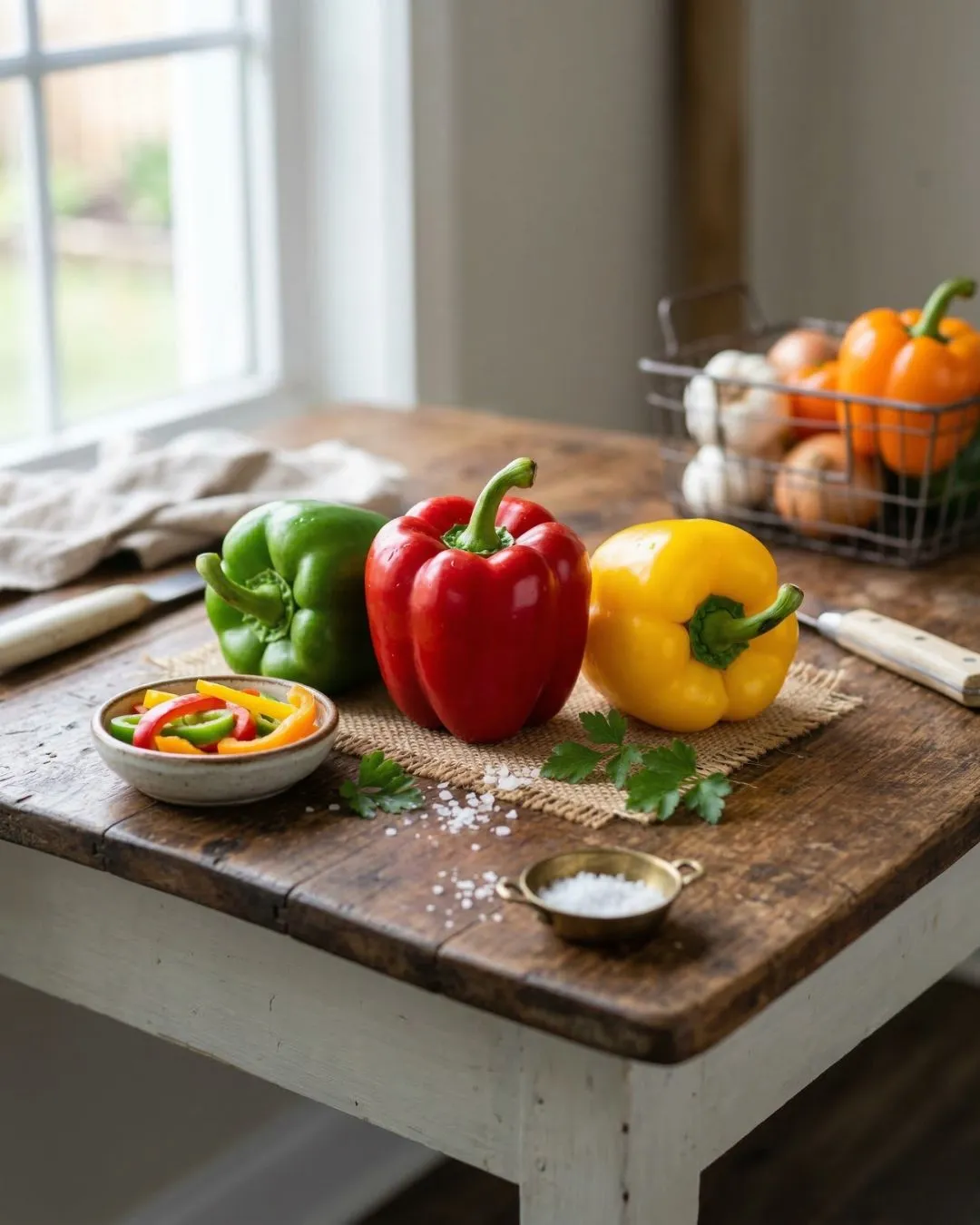 Premium Fresh Capsicum - Bulk Wholesale India Fresh red, green, and yellow capsicum on a wooden table for bulk wholesale supply in India.