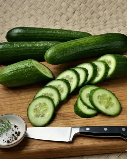 Slicing fresh cucumbers from The Deep Soil on a wooden cutting board with sea salt and dill.
