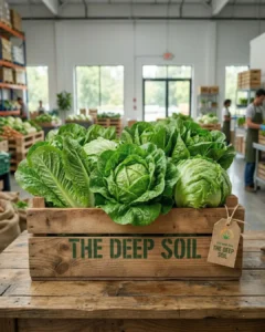 Fresh green romaine lettuce heads in a branded The Deep Soil wooden crate inside a bright warehouse facility.