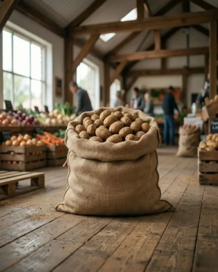 A large burlap sack overflowing with fresh potatoes on a rustic wooden floor at The Deep Soil farm market.