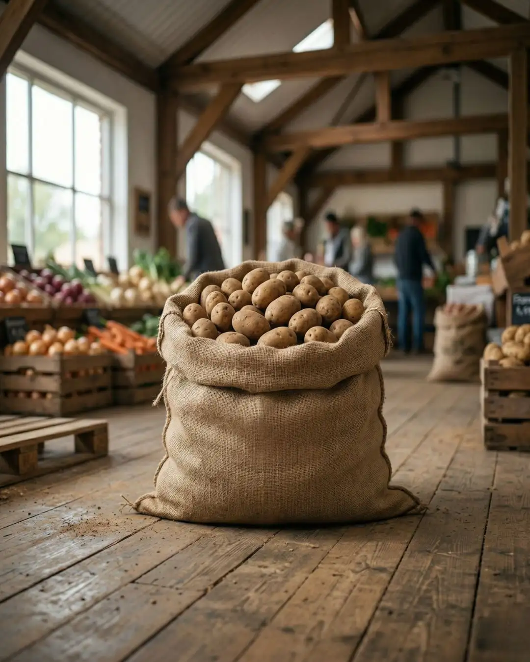 Farm Fresh Potatoes - The Deep Soil Organic Bulk Produce A large burlap sack overflowing with fresh potatoes on a rustic wooden floor at The Deep Soil farm market.