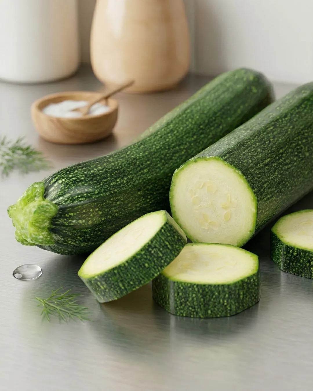 Premium Fresh Zucchini - The Deep Soil Fresh green zucchini whole and sliced on a modern kitchen counter with a side of salt and dill - The Deep Soil.