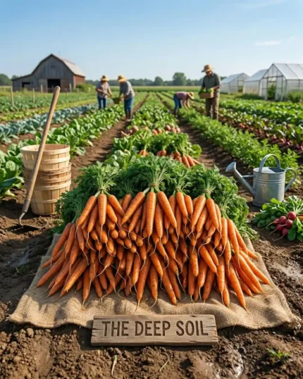 Bunches of fresh harvested orange carrots with green tops on burlap at The Deep Soil farm with farmers in the background.