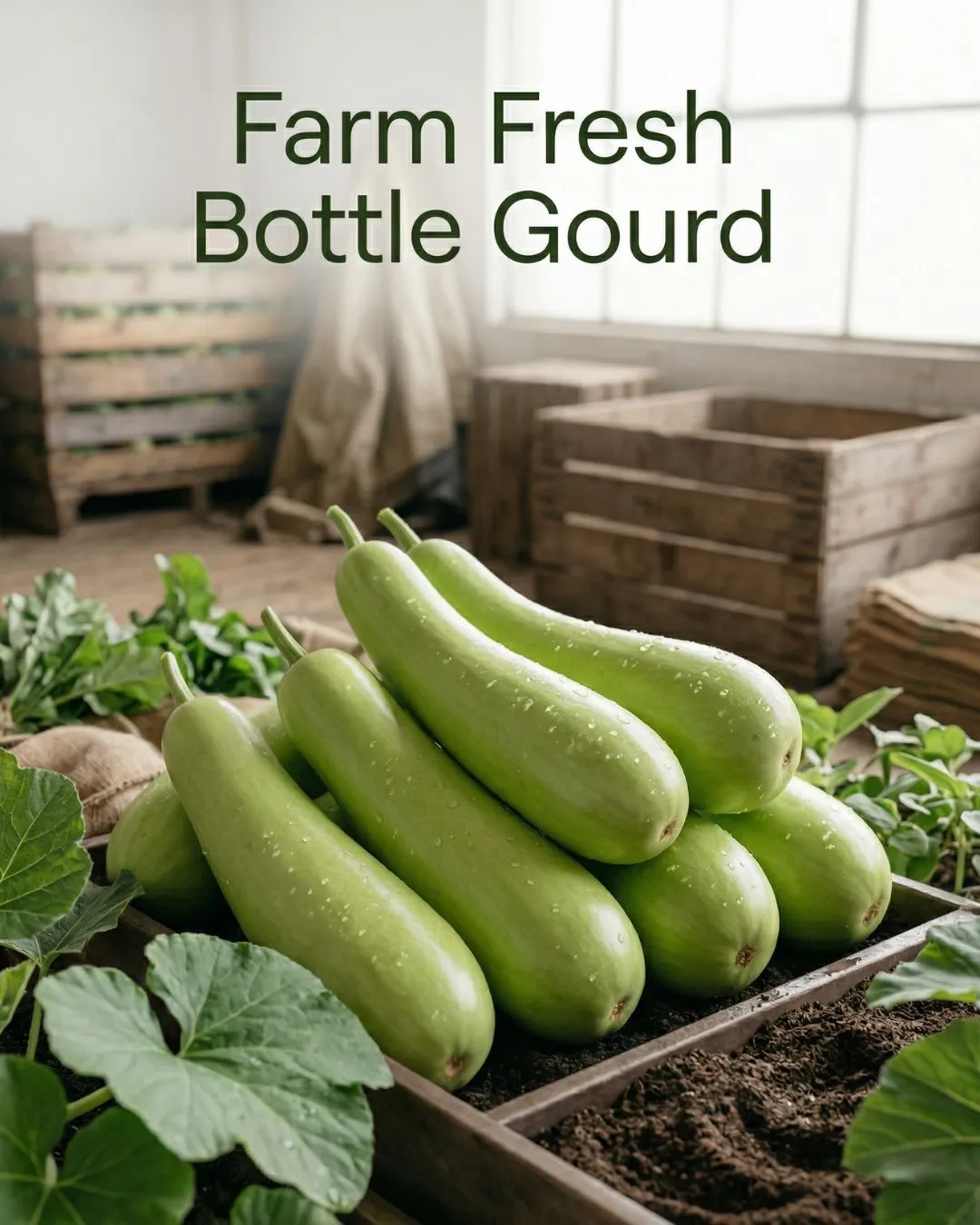 Farm-Fresh-Bottle-Gourd-Lauki-The-Deep-Soil Fresh organic Bottle Gourd (Lauki) harvested from The Deep Soil farm, displayed in a rustic wooden crate.