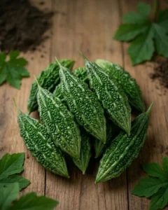 Fresh bitter gourd (karela) with natural ridged texture and water droplets on a rustic wooden surface with green leaves The Deep Soil