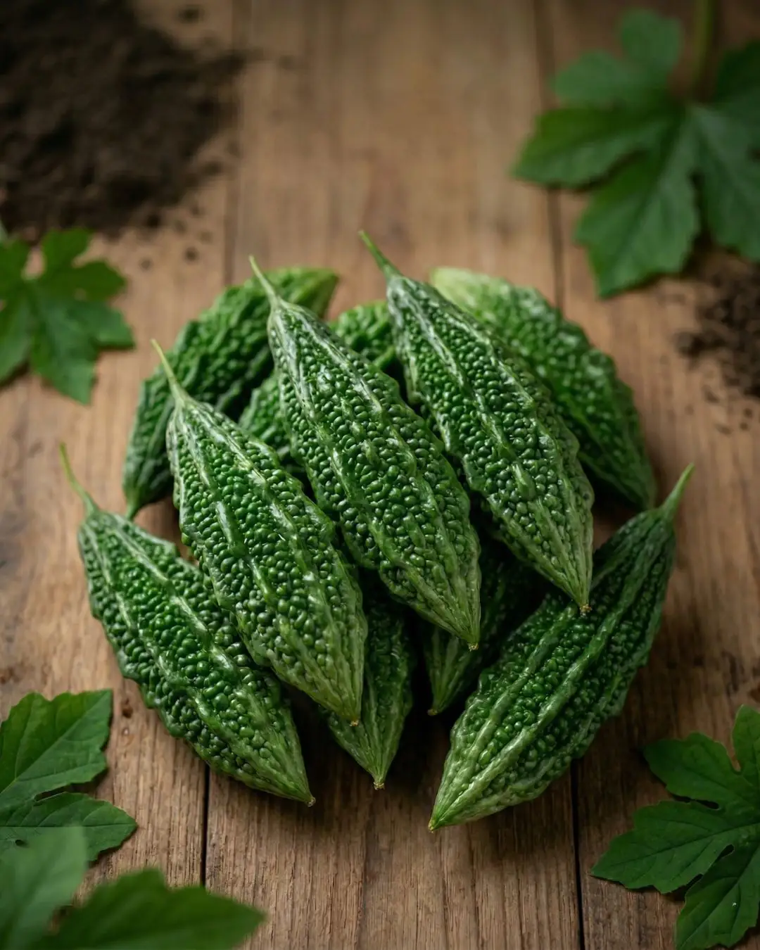 farm-fresh-bitter-gourd-premium-bulk-supply-the-deep-soil Fresh bitter gourd (karela) with natural ridged texture and water droplets on a rustic wooden surface with green leaves The Deep Soil