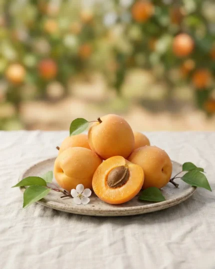A rustic plate of fresh apricots harvested from The Deep Soil orchard, featuring a ripe fruit cut open to show the pit.