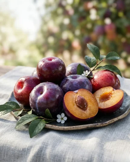 Fresh organic red plums on a plate with one sliced open to show the pit