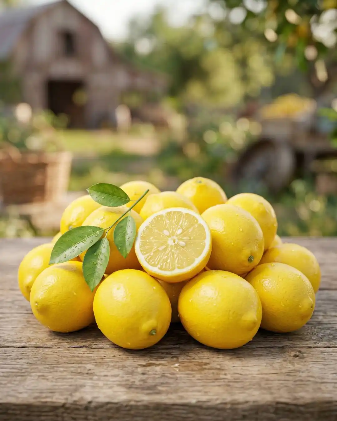 Fresh Zesty Lemons - The Deep Soil India Premium fresh lemons from The Deep Soil on a rustic wooden table, featuring a halved lemon to show the juicy pulp and segments. Buy fresh lemon online India.