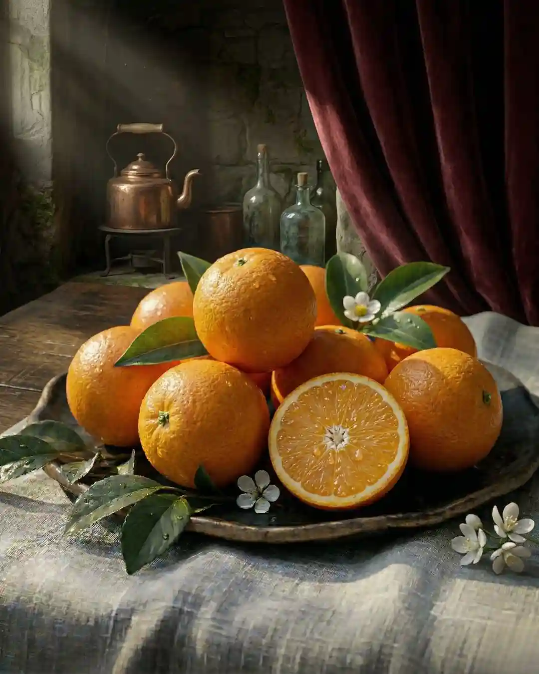 Juicy Farm-Fresh Oranges - The Deep Soil India Premium fresh oranges from The Deep Soil on a rustic plate, featuring water droplets and a halved orange to show the juicy interior. Buy fresh oranges online India.