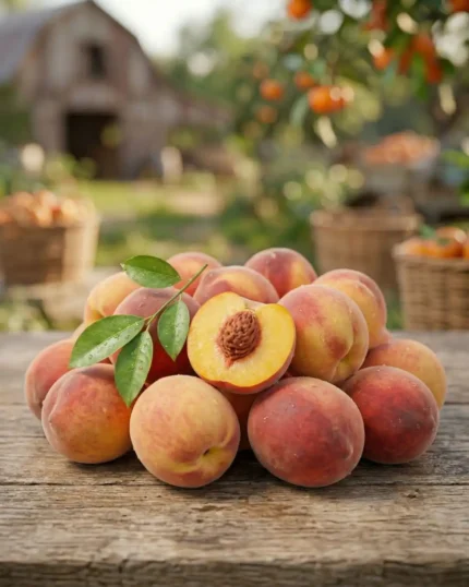 Premium fresh peaches from The Deep Soil on a rustic wooden table, featuring water droplets and a halved peach showing the pit and juicy yellow flesh. Buy fresh peaches online India.