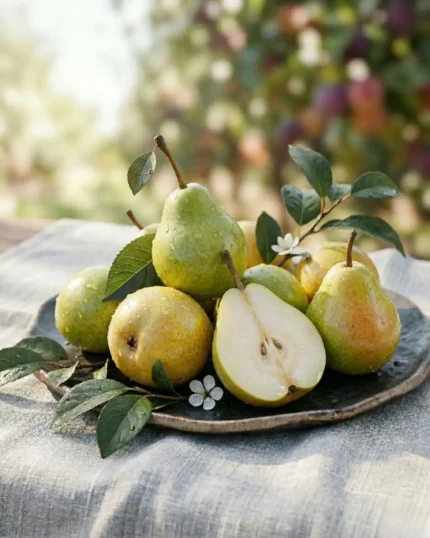 Premium green pears from The Deep Soil on a rustic plate, featuring a sliced pear to show the juicy interior. Buy fresh pears online India.