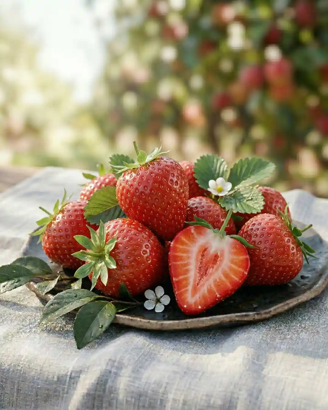 Premium Farm-Fresh Strawberries - The Deep Soil India Fresh, vibrant red strawberries from The Deep Soil on a rustic plate, featuring a sliced strawberry to show the juicy heart. Buy fresh strawberries online India.