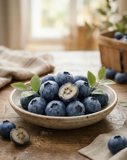 A bowl of fresh blueberries from The Deep Soil on a wooden table, featuring a sliced berry to show the interior. High-quality antioxidant-rich blueberries.