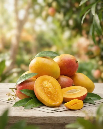 A bowl of fresh ripe mango from The Deep Soil on a wooden table, featuring water droplets and green leaves. High-quality sweet Mango.