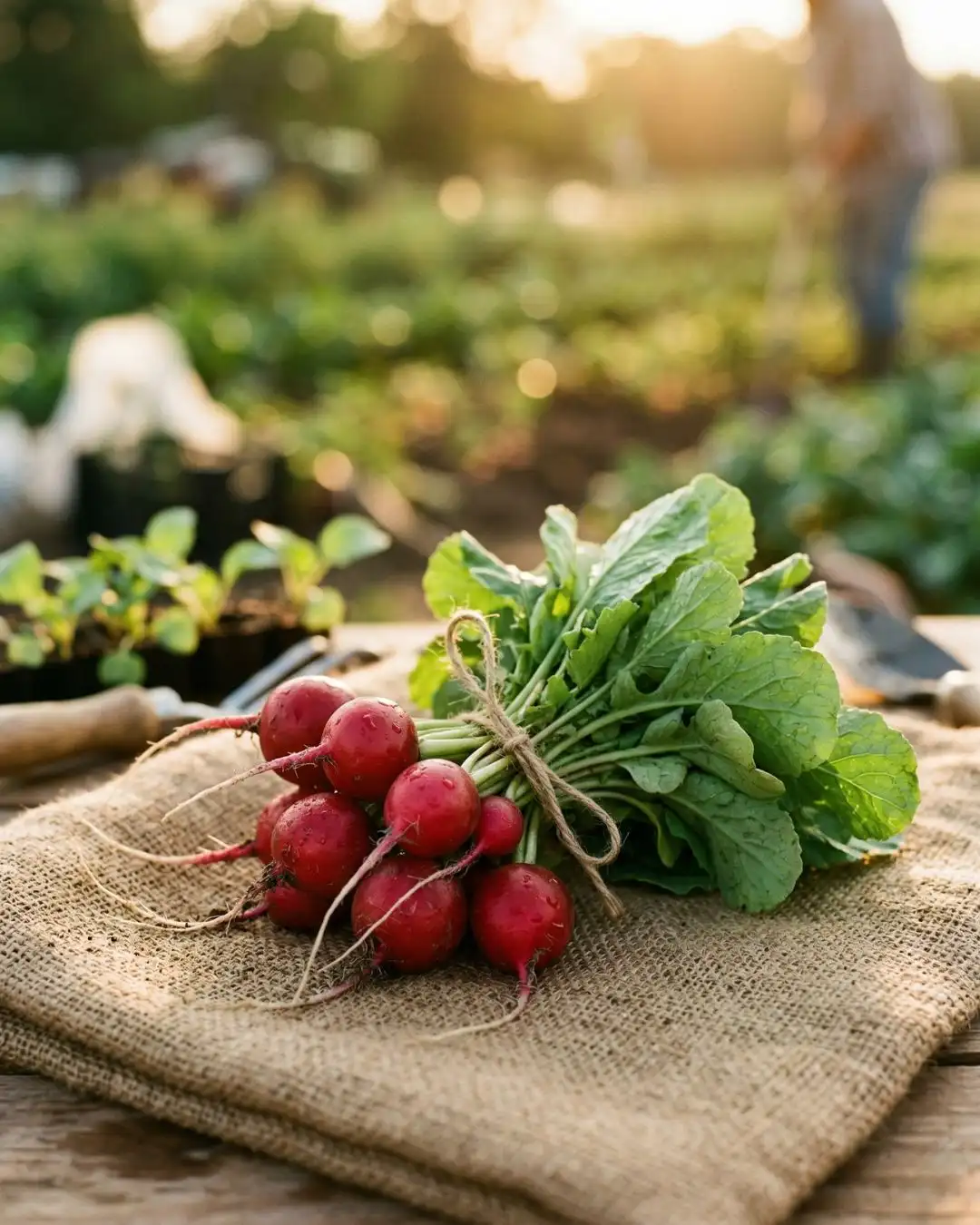 Fresh Garden Radishes from The Deep Soil A fresh bunch of vibrant red market radishes with healthy green tops, tied with twine and resting on a rustic burlap sack on a wooden table, grown by The Deep Soil.