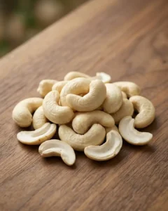 A bowl of premium large cashews from The Deep Soil on a wooden table, featuring water droplets and green leaves. High-quality smooth Cashews.