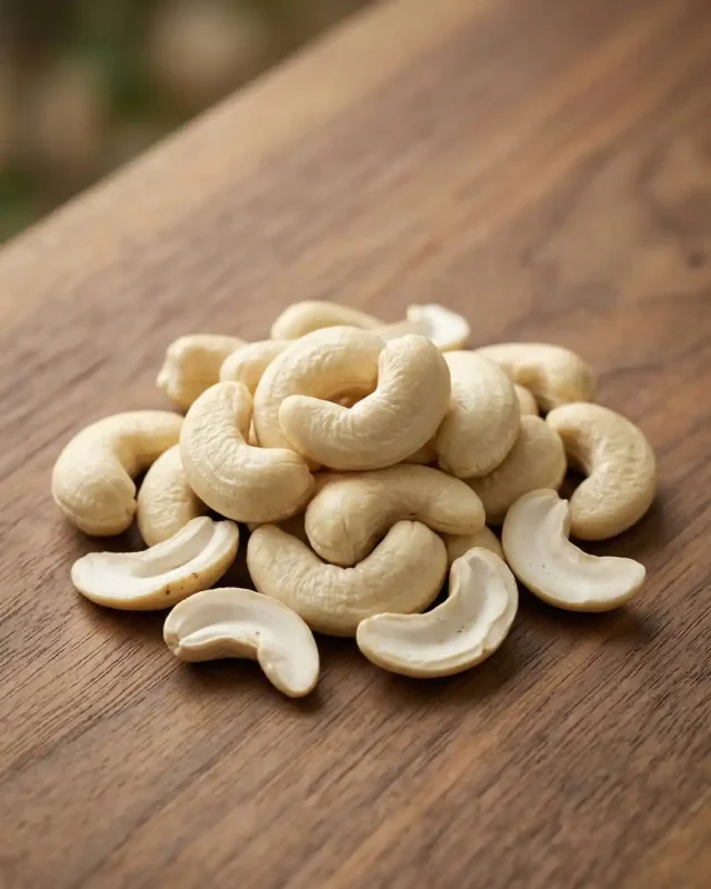 A bowl of premium large cashews from The Deep Soil on a wooden table, featuring water droplets and green leaves. High-quality smooth Cashews.