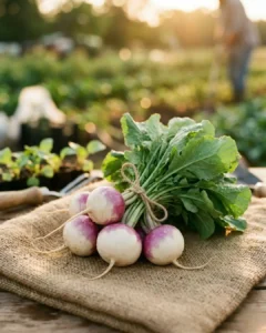 A fresh, vibrant bundle of white and purple Turnips with leafy greens tied with jute rope, resting on a rustic burlap sack from The Deep Soil.