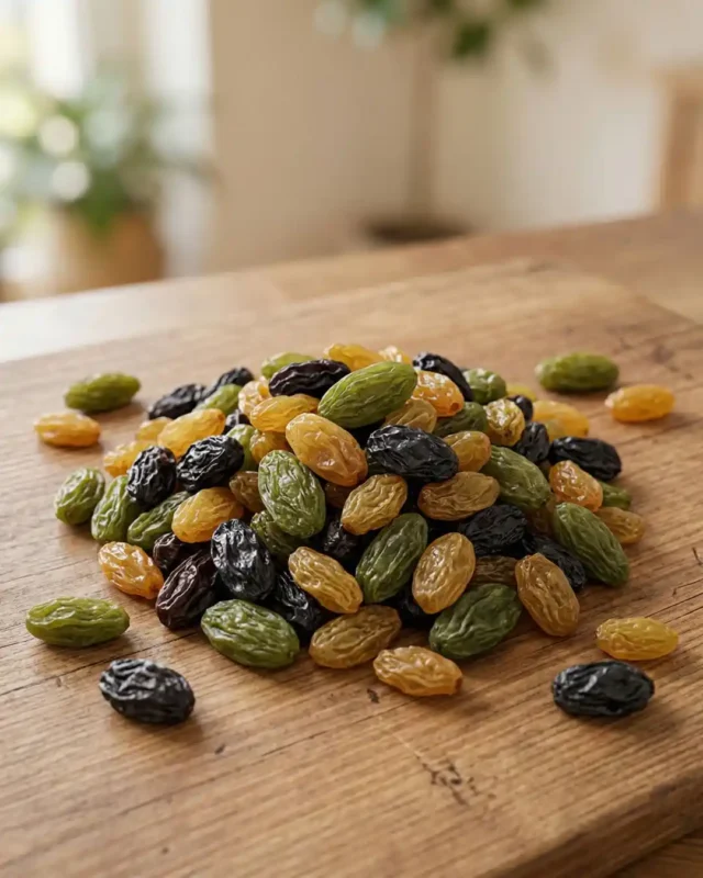 A pile of premium mixed raisins from The Deep Soil on a wooden board, featuring green, black, and golden varieties. High-quality Raisins.