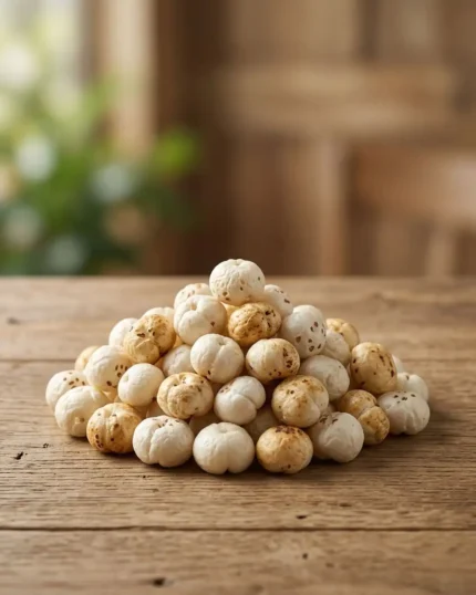 A bowl of premium popped makhana from The Deep Soil on a wooden table, featuring green leaves and spices. High-quality smooth Makhana.