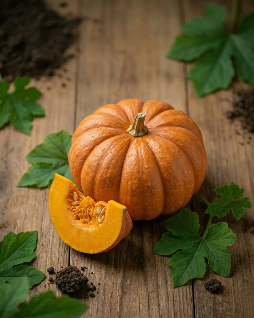 the-deep-soil-pumpkin-kaddu-premium-bulk-fresh-supply A fresh whole pumpkin and a vibrant orange slice (kaddu) from The Deep Soil, featuring natural textures and water droplets on a rustic wooden background.